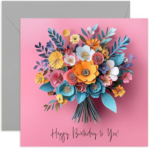 Papercut Flower Artwork Happy Birthday Card - Cute Floral Design - Pink Birthday Card for Her - For Sister Wife Friend Colleague Mum - Non 3d Design - Beautiful Charming Design for Her