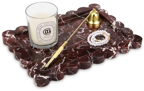 Scalloped Marble Decorative Tray,Luxury Natural Stone Bathroom Vanity Tray, Dresser Top Perfume Coffee Home Kitchen Toilet Sink Tray, Key Trinket Ring (Rosso Lepanto, 10.8 * 8)