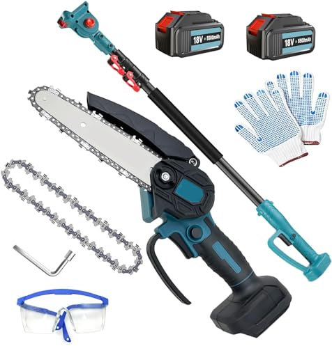 2-in-1 Akku Teleskop Heckenschere，Mini Kettensäge mit 2pcs Akku 5500mAh ， 6 Zoll Mini Kettensäge Elektro mit Teleskopstange 1,3-2,5m, Handkettensäge Akku für Gartenscheren Astschere Holzschneidenz ﻿