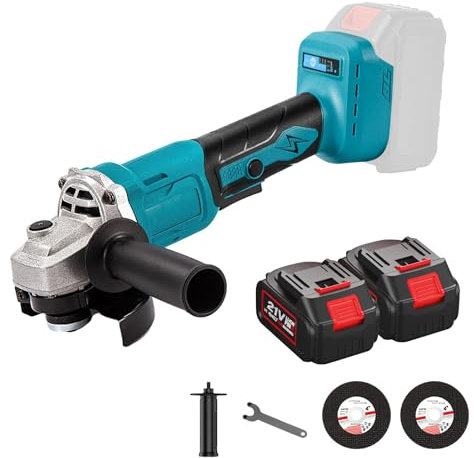 Amoladora angular inalámbrica de 125 mm, amoladora angular 21 V, 1000 W, con 2 baterías, 3 velocidades, 13000 rpm, motor sin escobillas, disco inalámbrico para lijar, cortar (2 baterías)