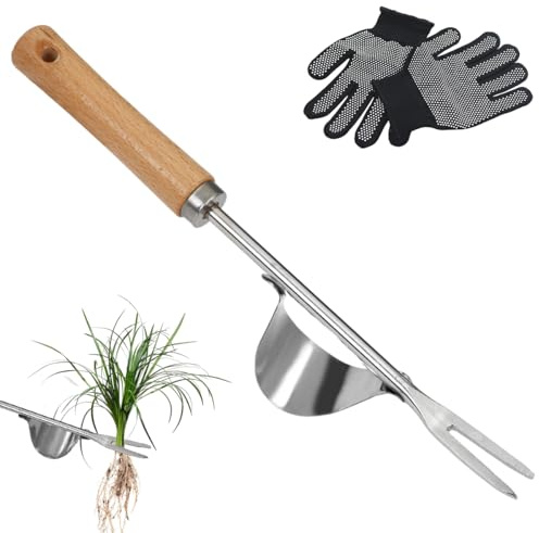 Désherbeur Manuel en Acier Inoxydable, avec gants antidérapants, Arrache Mauvaise Herbe Outil de Désherbage, Arrache Pissenlit Couteau, pour Eliminer Les Mauvaises Herbes des Jardins,Potagers(1PCS)