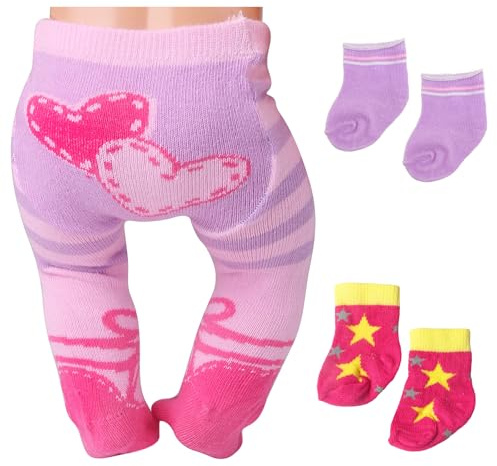 Xerteam 1 strumpbyxor med rosa hjärtmönster 2 dockstrumpor för 33–43 cm dockor, söta babydockor strumpor set för 14–18 tum, 3 färger dockkläder 36 cm 38 cm 43 cm docktillbehör stjärnmönster