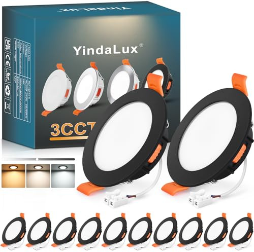 YindaLux LED-infälld spotlight, 230 V, dimbar, 5 W, 550 LM, takspotlights, svarta platta LED-spotlights, 230 V, 65–75 mm, IP44, badrum, infällda spotlights, 2 700 K, 4 000 K, 6 500 K, set med 12 st