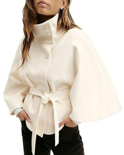 Generisch Poncho pour femme avec manches chauve-souris, caban en laine avec col montant et ceinture, veste cape, caban court avec ceinture pour l'automne et l'hiver, Blanc., S