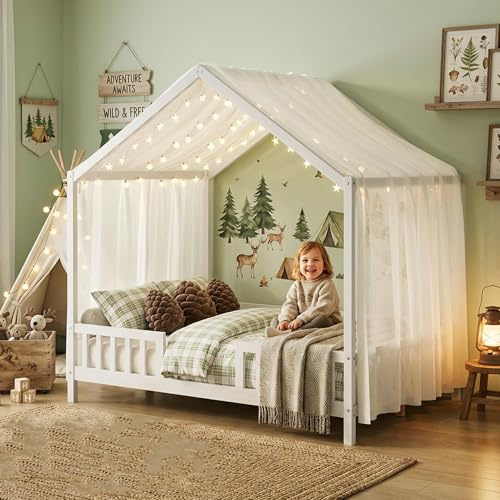Aurnienofus Full Montessori Floor House Bed with High Rails, Wood Kids Low Floor Bed with Roof & Canopy, Montessori Full Kids Bed Frame for Girls, Boys,No Box Spring Needed, White
