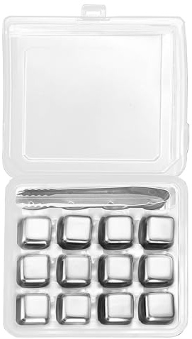 Paquete de 12 cubos de hielo de metal de refrigeración con textura de acero inoxidable 304 con pinzas, piedra de hielo para enfriar bebidas