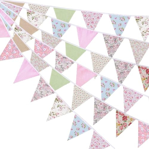 33Ft Fabric Bunting, 36 Flags Vintage Easter Bunting Reusable Floral Banner Flags for Easter Decorations, Mother's Day, Spring Decorations, Afternoon Tea Decorations, Birthday Party