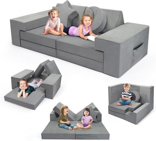 Krovtoy 9-Piece Modular Kids Sofa Set, Large Foam Building Blocks for Toddlers, Convertible Play Couch to Bed & Tunnel, Washable Fun Fort Furniture for Playroom (grey)