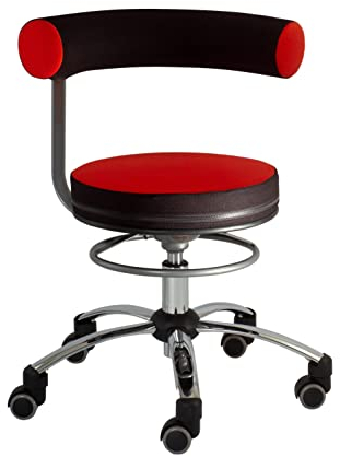 Sanus®-Gesundheitsstuhl | Rollhocker mit 360° Lehne, Fester Lehne, Sitzhöhe (42-51 cm), Stoffbezug rot/schwarz, Rollstopp-Rollen. Ergonomischer Bürostuhl, Erzieherstuhl