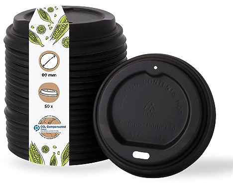 BIOZOYG Coffee To Go Deckel für Trinkbecher Ø 80mm I 50 Deckel für Pappbecher aus CPLA Biokunststoff 100% biologisch abbaubar, kompostierbar, recycelbar I Trinkloch Becherdeckel flach schwarz