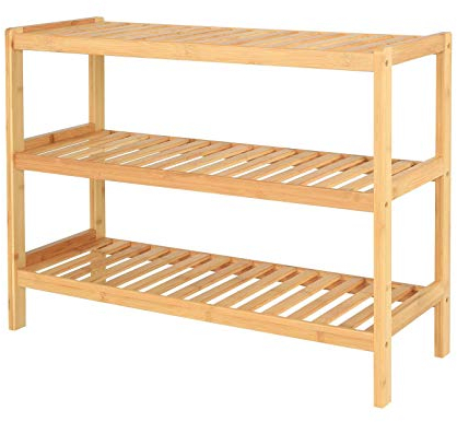 dibea Schuhregal mit 3 Ablagefächern Schuhschrank Bambusregal Standregal Küchenregal Wohnzimmerregal 70x26x55 cm, naturfarben, Natur