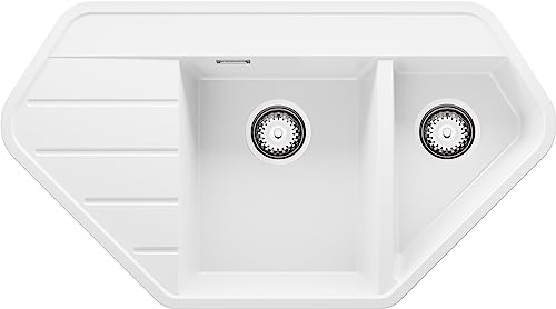 PRIMAGRAN Lavello Angolare Bianco 90x50cm, Lavandino da Cucina a 1,5 vasche + Sifone Classico, Lavabo da Cucina Incasso al mobile 80cm - Copenhagen Corner