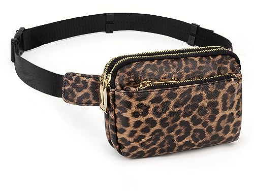 UTO Taillentasche Frauen Männer Gürteltasche Damen Wasserdichter Gürtel Synthetische leichte Mode-Taillentasche mit 3 Reißverschlusstaschen Leopardenmuster Beige