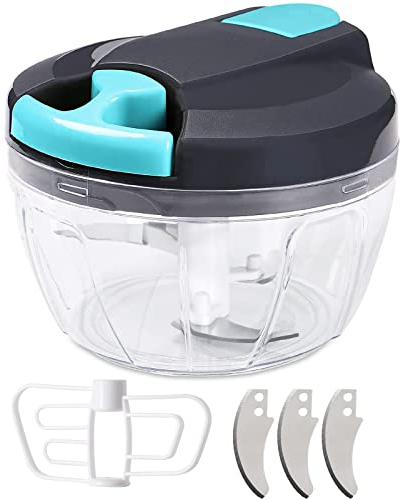 SOMLAW Cortador de cebolla manual, 520 ml, cortador manual de cebolla, picar y mezclar para verduras, 3 cuchillas de acero inoxidable adicionales y 1 batidora (gris azul)