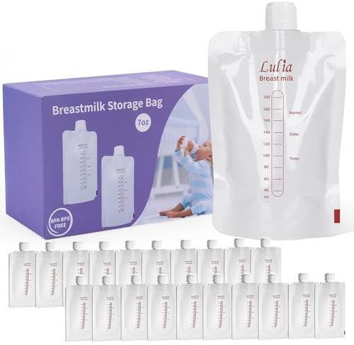 Lulia sacchetti latte materno, 200 ml, confezione da 20, 2 misure di tettarelle, sostituzione diretta dei biberon, adatte per viaggi, guida e spostamenti.
