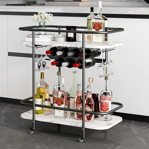 DAWNYIELD Mobiler Getränkewagen mit 2 Ebenen Barservicewagen auf Rädern mit Weinregal und Glashalter Moderner Rollender Getränke-Aufbewahrungswagen für Zuhause Küche Party (Schwarz)