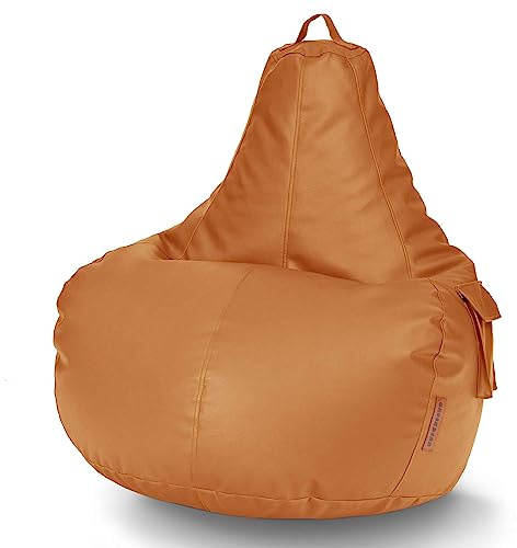 Green Bean Sitzsack aus Kunstleder mit EPS Perlen Füllung - 90 x 80 x 70 cm - Bean Bag Sitzkissen Sitzpuff Sitzsessel Bodenkissen Lounge Gaming Chair Rückenlehne - Cognac