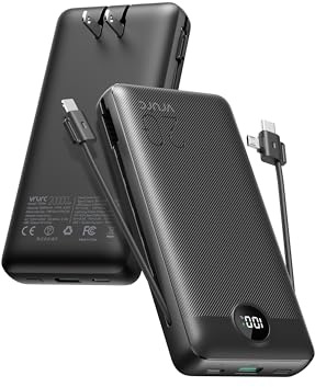 VRURC Portable Charger 20000mAh, Fast Charging Power Bank USB C,4 Output 2 Input Travel Essentials Charging Bank Equipped with LED Display,Built-in Wall Plug and Cables,Phone Charger Battery,Black