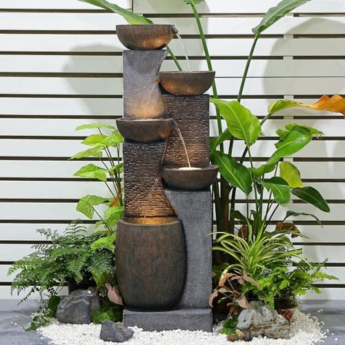 Bumilgar 51.4 H Outdoor Garden Water Fountain for Garden, Patio, Backyard, Deck, Porch and Home Art Decor, 5 Tiers Modern Cascading Large Outdoor Fountain with Lights