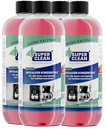 SUPER CLEAN 4 × 1 L Universal avkalkare kaffemaskin – Flytande – För alla maskiner & märken – 40 × avkalkning – Effektiv flytande avkalkare för kaffemaskiner, vattenkokare & duschar