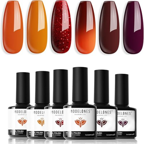 Modelones Vernis Semi Permanent Rouge Pailleté Marron, Lot de 6 Couleur Orange Vernis Gel UV Semi Permanent, Kit Vernis à Ongles Gel pour Nail Art Manucure