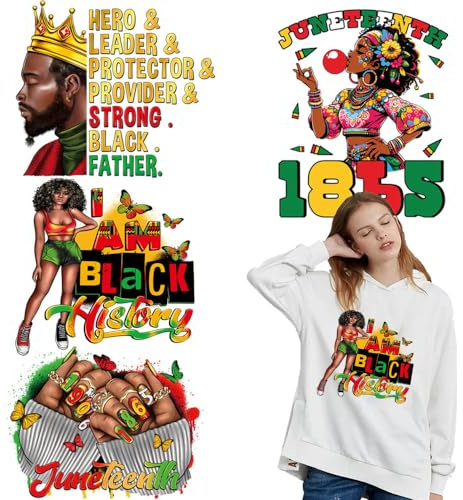 Juneteenth Iron on Transfer Patches 4 Sheets Juneteenth Washable Heat Transfer Vinyl Decals Black History Month Iron on Stickers 1865 Black Men Pattern Heat Press Decals for Clothes T-Shirt Hoodies