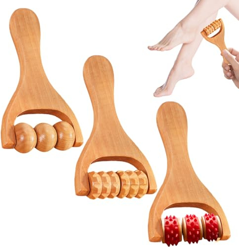 Wooden Massage Roller, 3pcs Wooden Massage Tool, Foot Massager Roller, Back Massager Roller, Wood Therapy Massage Tools for Cellulite Muscle Back Legs Body Neck Face Arm (Brown)