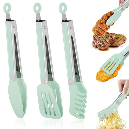 Leseed 3 Pièces Pince Cuisine Silicone, 27 cm Pince Barbecue Inox en Acier Inoxydable avec 3 Crochets, Silicone Résistantes (230 °C), Pince de Cuisine pour Cuisson, Salade, Pâtes (Vert, 27cm)
