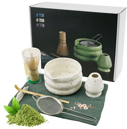 7 stycken Matcha whisk-set, elegant matchchate-set med visp, skål, visphållare, spade, sil, mångsidiga teberedningsverktyg för presentation och presenter (vit)