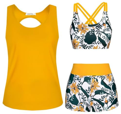 Swimsuit with Shorts 3 Piece Tankini Swimsuit for Women Tank Top with Bikini Top Boyshort Set Waisted Swimming Costume Modest Swimwear Tankini Sets for Women UK Beach Pool Holiday
