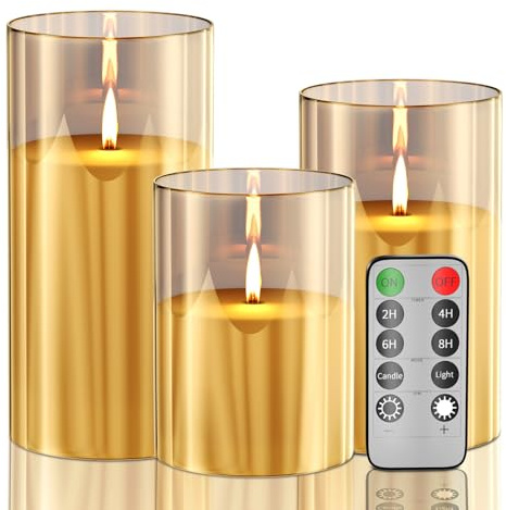 Gold Glass Flameless Battery Led Candles Flickering with Remote & Timer, Realistic Real Wax Warm Light LED Candle, for Party Wedding Festival Room Decor Home Decor, Set of 3