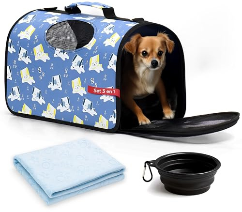 Transportin Perro de Tela Pequeño Mediano Plegable Bolsa Mochila Transportín Gato Grande Bolso Conejo Mascotas – Set con Plato y Manta Viaje