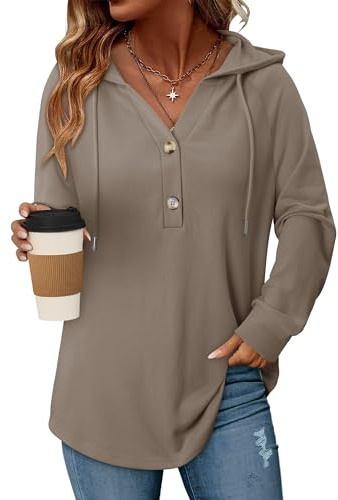 CHICZONE Women's Waffle Knit Hoodies Pullover Sweatshirt Button V Neck Long Sleeve Casual Drawstring Ladies Hoodies