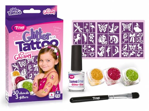 TyToo Glittertatueringsset för barn med stenciler – hudvänlig och vattentät – kreativt tatueringsset för flickor och pojkar – Gleamy-design
