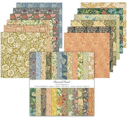 Papel para scrapbook 24 hojas, 30,5 x 30,5 cm, diseño de doble cara, elegante diseño de flores, juego de papel decorativo para manualidades, álbum de fotos y decoración de álbumes de recortes (color)