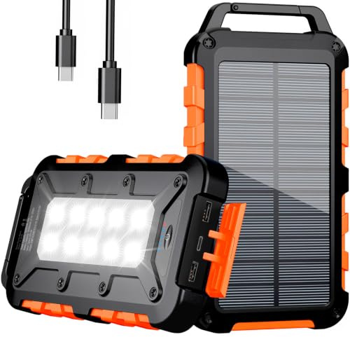 WOWMVP Cargador Solar 10000mAh, Power Bank Solar Batería Externa Portátil PD22.5W USB C Carga Rápida Impermeable 3 Salidas y 2 Entradas con Linterna LED para Moviles Tabletas Etc.