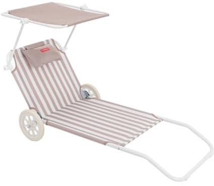 Flamingueo - Silla Playa - Tumbona Plegable - 5 Posiciones - Parasol Ajustable UPF 50+ - Almohada Ergonómica - Convertible en Carrito de Transporte
