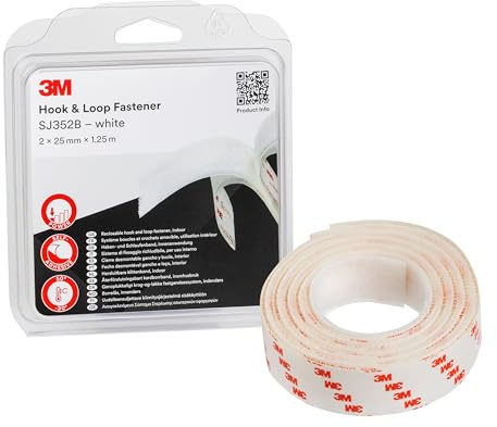3M Haken- und Schlaufenband SJ352Bwt, wiederlösbares Befestigungssystem - eine einfache Alternative zu Reißverschlüssen, Schrauben, Druckknöpfen, Haken - 2 x 25mm x 1.25m, Weiß (1-er Pack)