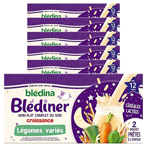 Blédina Blédîner, Céréales bébé Lactées, Légumes, Dès 12 Mois, 250 ml (Lot de 6x2 briques) (L'emballage peut varier)