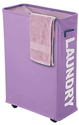IHOMAGIC 40L Laundry Hamper Foldable on Wheels, Laundry Baskets Thin with Handles - Collapsible Dirty Clothes Storage Bag, Slim Laundry Bags Rectangular for Bedrooms, Living Room, Bathroom (Purple)