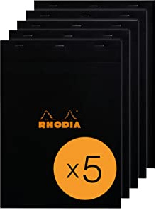 Rhodia 182009C - Packung mit 5 Notizblöcken geheftet No.18, DIN A4 80 Blätter kariert 80g, Schwarz, 1 Pack