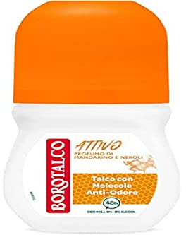 Borotalco, Deodorante Roll On Attivo Arancione, Formula Senza Alcool e con Talco con Molecole Anti-Odore, Efficacia Fresca, 48h di Efficacia, Profumo di Mandarino e Neroli - 1 Flacone da 50 ml