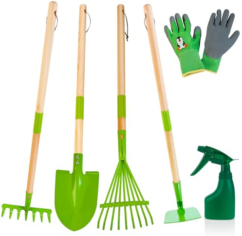 Amtreen Kids Gardening Tools Set - 6PCS Detachable Garden Tool Kit with Gloves, Shovel, Rake, Hoe, Leaf Rake & Spray Bottle - Wooden Handles with Hanging Hole, Perfect Outdoor Toy Gift for Ages 3-5