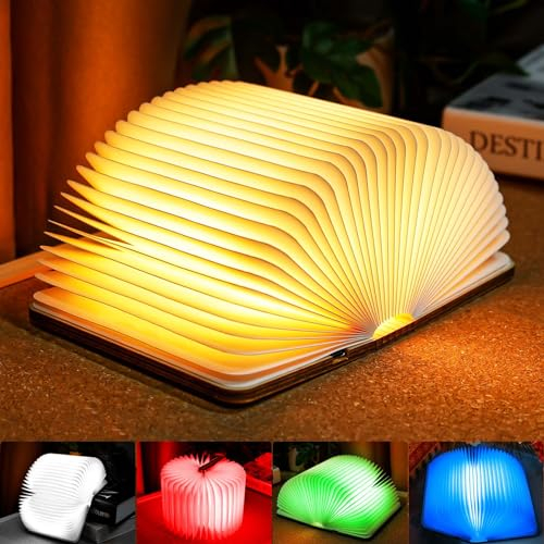 TRUMPETS Lampada Libro Led Pieghevole in Legno Mood Lights, Luci notturne 2500mAh Ricarica USB-C, Idea Regalo Originale Compleanno e Natale (12cm | RGB)