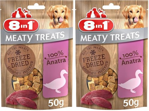 8in1 Meaty Treats, gefriergetrocknete Hunde Leckerlis aus Ente, 100% Fleisch, getreidefrei und ohne Zucker, 50 g Beutel (Packung mit 2)