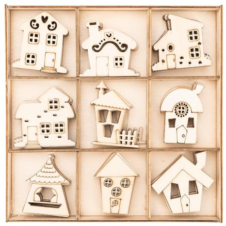 Ideen mit Herz Streu-Deko aus Holz | Holz-Motive | Wichtel-Häuser | Tisch-Deko | Inklusive Holz-Box | 9 versch. Designs, je 7 Stück | 63-teilig