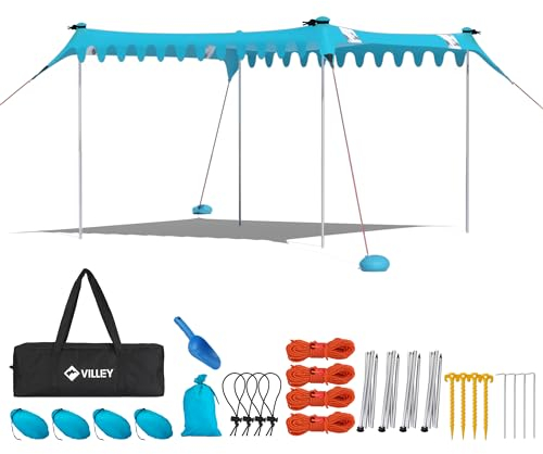 VILLEY Sun Tent 3 m x 3.3 m Blue, UPF50+ UV Protection Lycra Beach Tent for 6 People, Parasol Beach with Sandbag and 4 Support Poles for Picnic, Fishing, Sun Protection