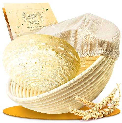 KRUSTENZAUBER Gärkörbchen zum Brotbacken rund 25cm - Runder Gärkorb aus Rattan mit Gärtuch - Brot Backen Zubehör, Brotkorb, Brotbackform, Sauerteig Zubehör, Gärfolie Brot, Brotkörbchen