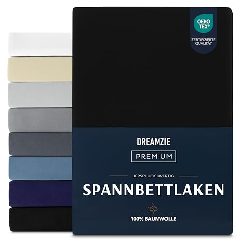 Dreamzie Premium Spannbettlaken 140x200 cm, Spannbetttuch für Dicke Matratzen bis zu 22 cm, Bettlaken 100% Jersey Baumwolle, 150 g/m², Oeko-TEX Zertifiziert - Schwarz