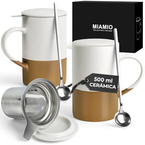 MIAMIO - Juego de tazas de té 2 x 500 ml con infusor y tapa/Taza de té de cerámica con infusor y cuchara para remojar té de hojas sueltas - Apto para microondas y lav (Marrón)